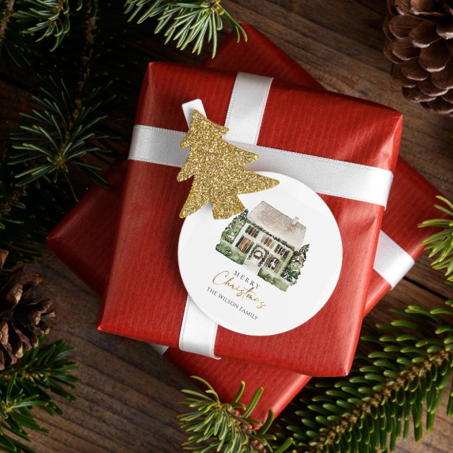 Watercolor Winter House Christmas  Classic Round Sticker (Creator Uploaded)