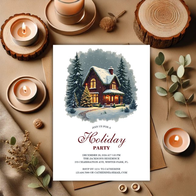 Watercolor Winter House New Year Holiday Party Invitation (Watercolor Winter House New Year Holiday Party Invitation)