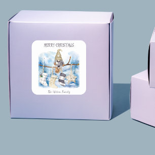 Watercolor Winter Lady Gnome Merry Christmas Square Sticker