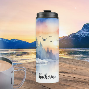 Watercolor Winter Lake Birds Sunrise Personalised Thermal Tumbler