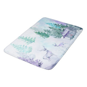 Watercolor Winter Landscape Happy Holidays Bath Mat