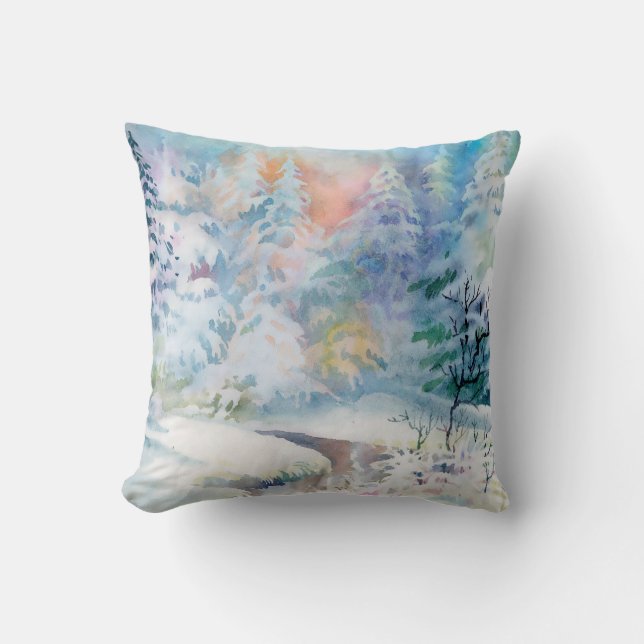Watercolor winter landscape illustration cushion (Front)