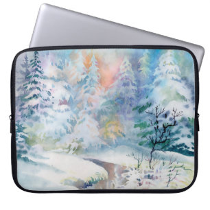 Watercolor winter landscape illustration laptop sleeve