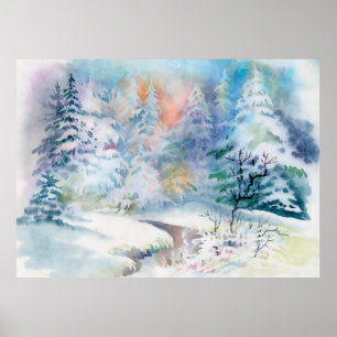 Watercolor winter landscape illustration poster