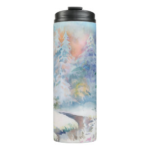 Watercolor winter landscape illustration thermal tumbler