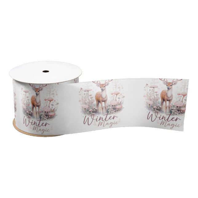 Watercolor Winter Magic Deer  Satin Ribbon (Spool)