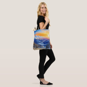 watercolor winter morning, sunrise, blue sky  tote bag