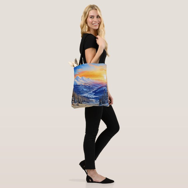 watercolor winter morning, sunrise, blue sky  tote bag (On Model)