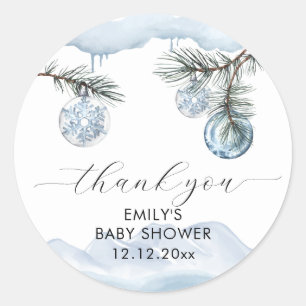 Watercolor Winter Mountain Snowflake Baby Shower  Classic Round Sticker