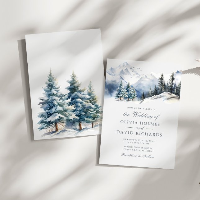 Watercolor Winter Mountains & Pine Trees Wedding Invitation (Watercolor Winter Mountains & Pine Trees Wedding Invitation on a sunny white table.)
