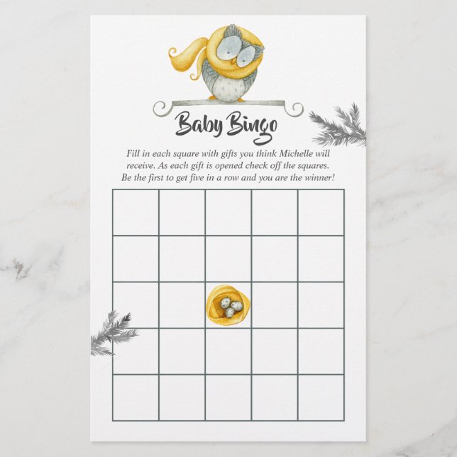 Watercolor Winter Owl Christmas Baby Shower Bingo (Front)