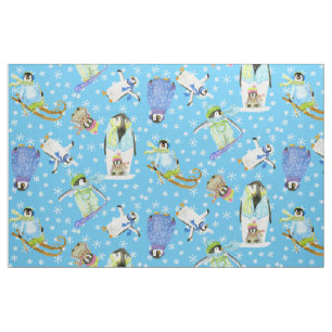 Watercolor Winter Penguins w Snowflakes Snowboard Fabric