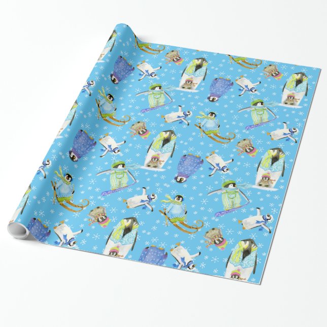 Watercolor Winter Penguins w Snowflakes Snowboard Wrapping Paper (Unrolled)