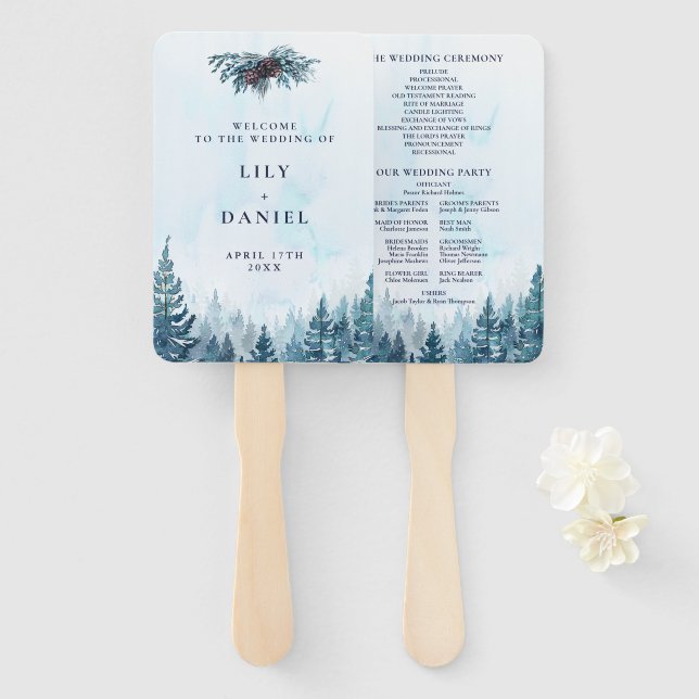 Watercolor Winter Pine Forest Wedding Program Hand Fan (Front and Back)
