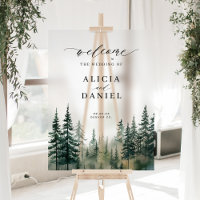 Watercolor winter pine forest wedding welcome sign