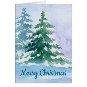 Watercolor Winter Pine Tree Birch Holiday Card