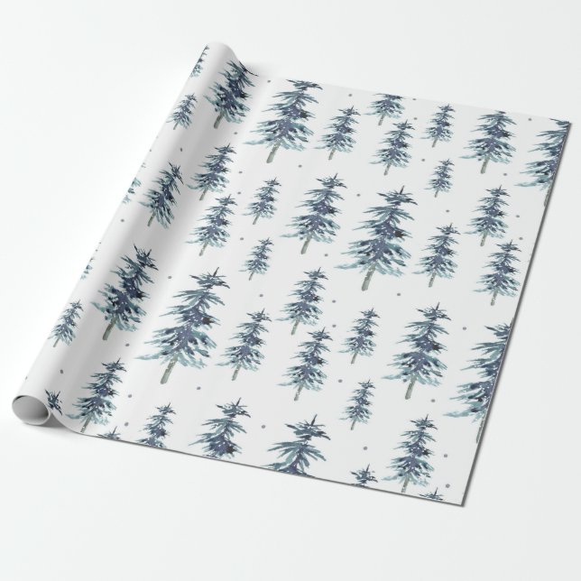 Watercolor Winter Pine Tree Pattern Wrapping Paper (Unrolled)