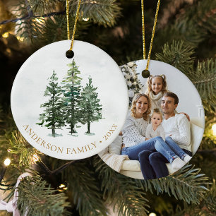Watercolor Winter Pine Trees Christmas Photo Ceramic Tree Decoration