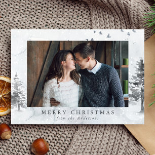 Watercolor Winter Pine Trees Photo Holiday Card