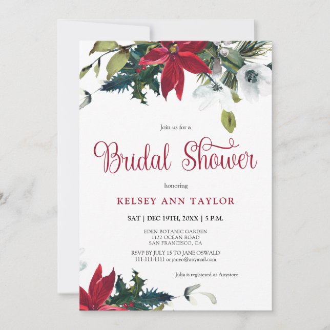 Watercolor Winter Poinsettia Bridal Shower  Invitation (Front)