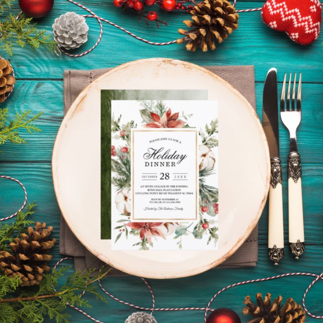 Watercolor Winter Poinsettia &  Green Pine Tree  Invitation (Creator Uploaded)