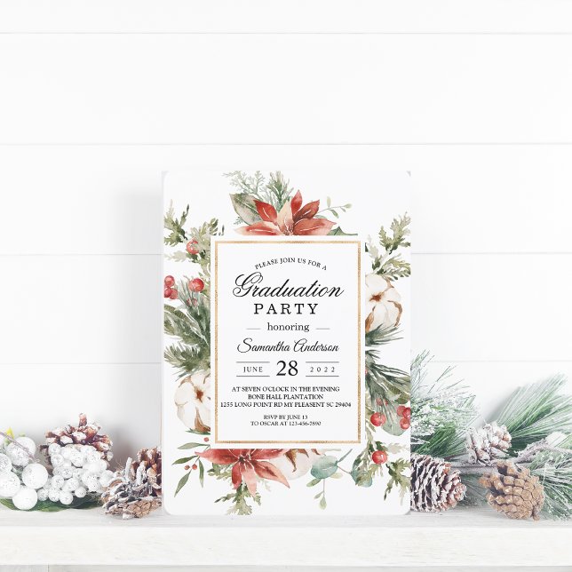 Watercolor Winter Poinsettia &  Green Pine Tree  Invitation (Creator Uploaded)