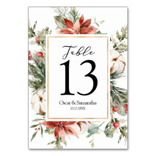 Watercolor Winter Poinsettia &  Green Pine Tree  Table Number