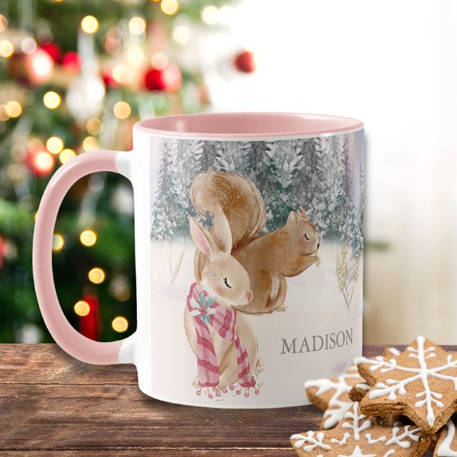 Watercolor Winter Rabbit Squirrel Woodlands Name Mug (Creator Uploaded)