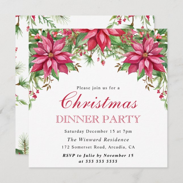Watercolor Winter Red Poinsettia Christmas Invitation (Front/Back)
