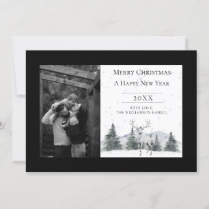 Watercolor Winter Reindeer Black Photo Holiday Card