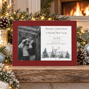 Watercolor Winter Reindeer Red Photo Holiday Card
