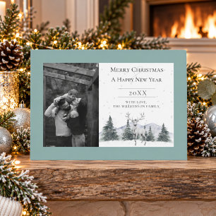 Watercolor Winter Reindeer Teal Photo Holiday Card