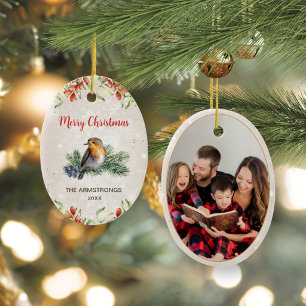 Watercolor Winter Robin Bird Christmas Photo Ceramic Tree Decoration