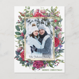 Watercolor Winter Roses Flowers Photo Christmas Postcard