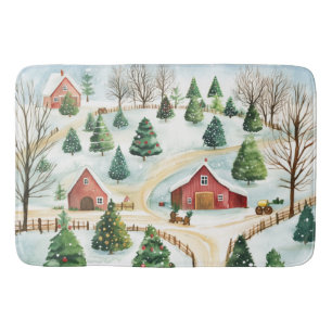 Watercolor Winter Rustic Landscape with Fir Trees Bath Mat