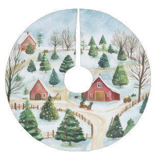 Watercolor Winter Rustic Landscape with Fir Trees Brushed Polyester Tree Skirt