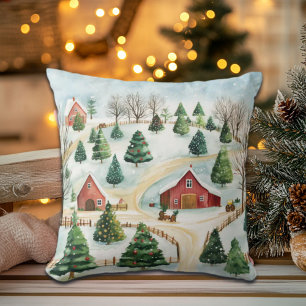 Watercolor Winter Rustic Landscape with Fir Trees Cushion