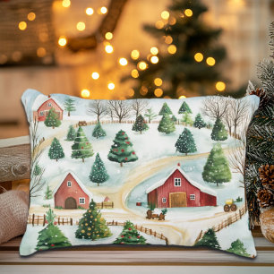 Watercolor Winter Rustic Landscape with Fir Trees Decorative Cushion