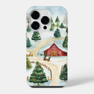 Watercolor Winter Rustic Landscape with Fir Trees iPhone 14 Pro Case