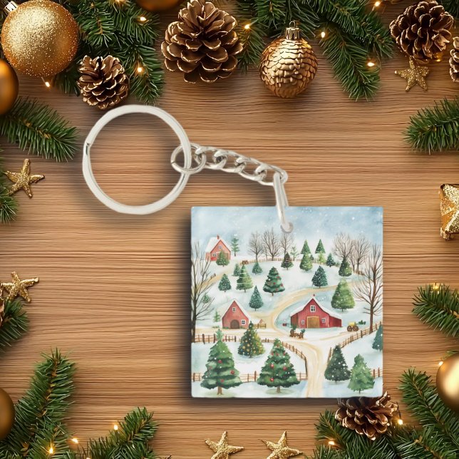 Watercolor Winter Rustic Landscape with Fir Trees Key Ring (Creator Uploaded)