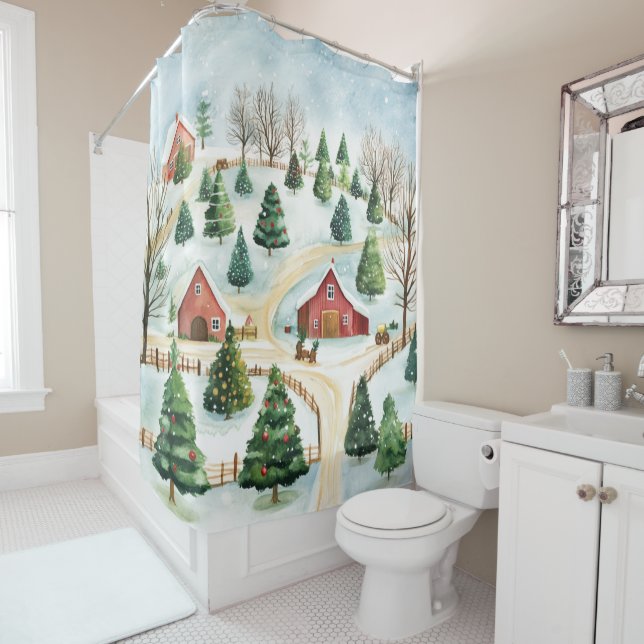 Watercolor Winter Rustic Landscape with Fir Trees Shower Curtain (In Situ)
