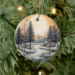 watercolor Winter scene add message Christmas Ceramic Tree Decoration