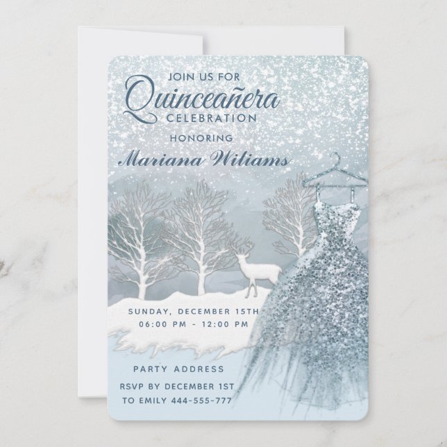 Watercolor winter scene blue dress Quinceañera Inv Invitation (Front)