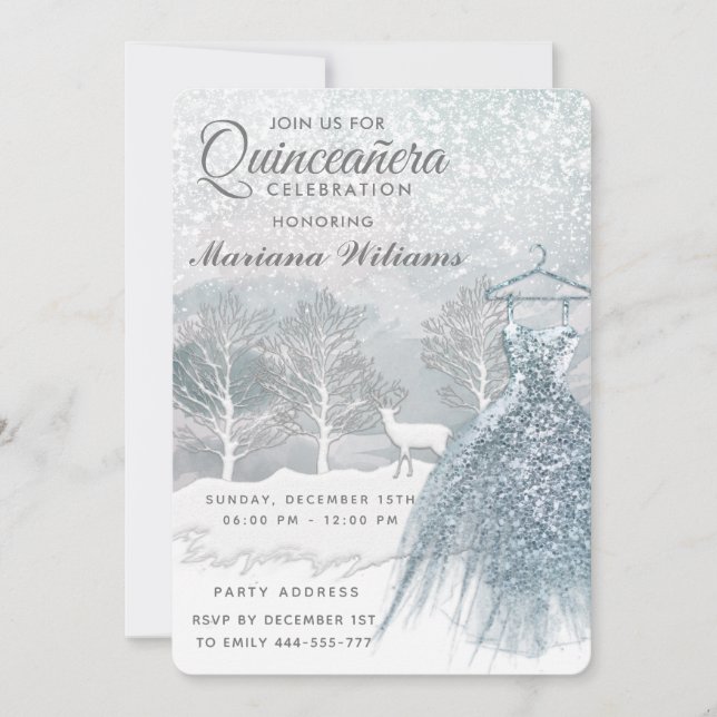 Watercolor winter scene blue dress Quinceañera Invitation (Front)