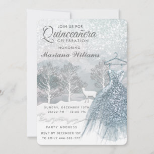Watercolor winter scene blue dress Quinceañera Invitation