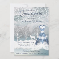 Watercolor winter scene blue dress Quinceañera 