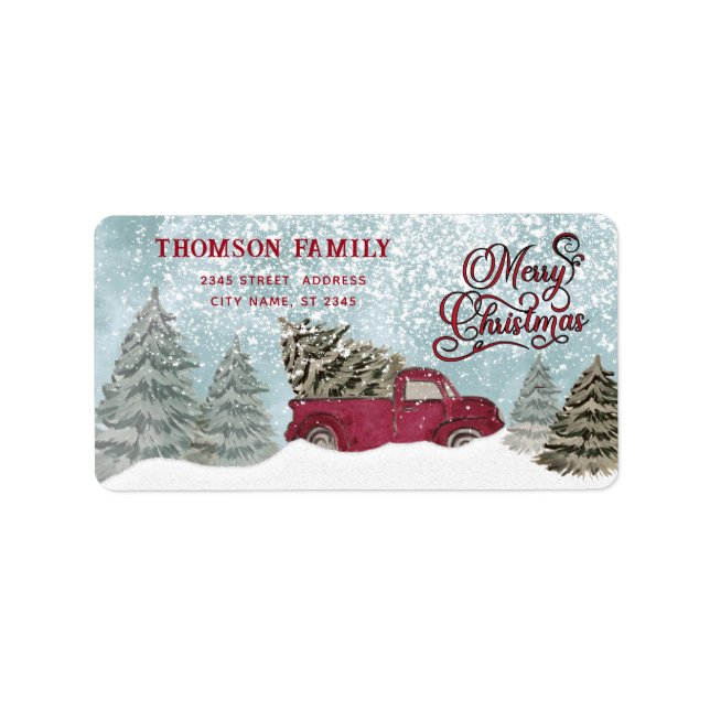 Watercolor Winter scene red truck Christmas Label (Front)