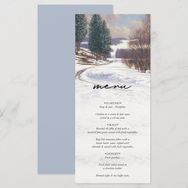 Watercolor Winter Snow Landscape Wedding Menu (Front/Back)
