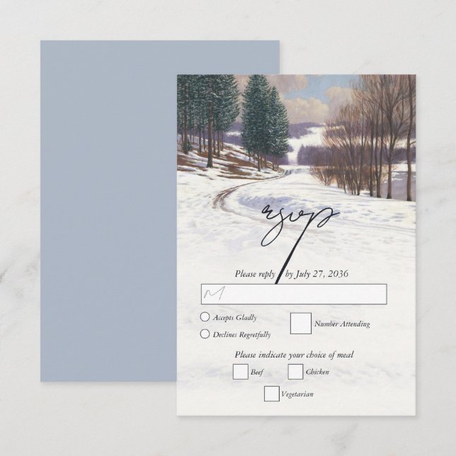 Watercolor Winter Snow Landscape Wedding RSVP Card (Front/Back)