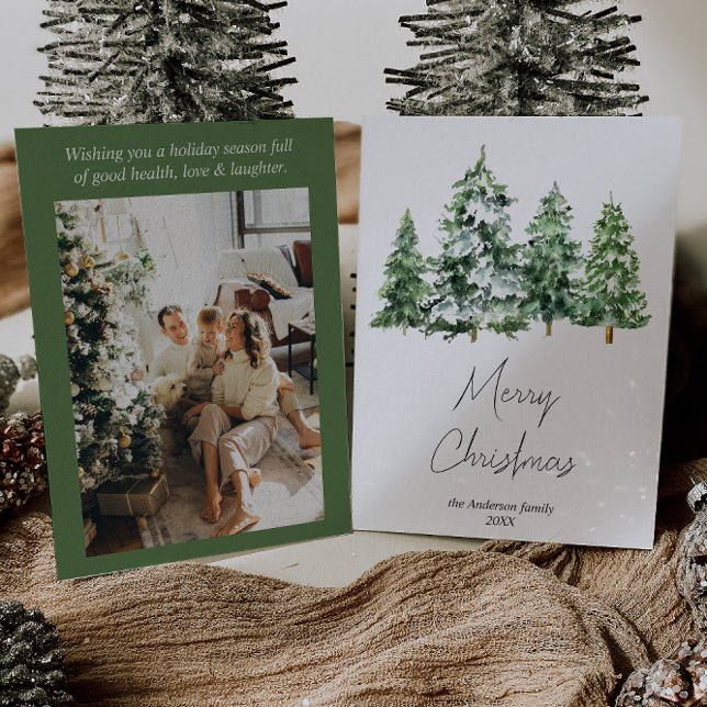 Watercolor Winter Snow Pine Trees Photo Christmas Holiday Card (Creator Uploaded)